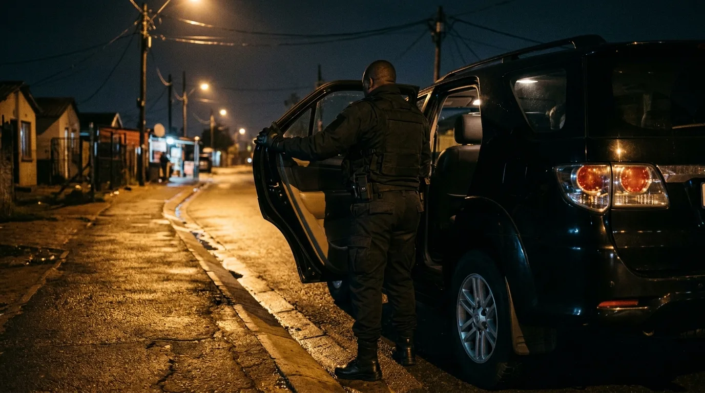 Security officer holding open the door of a black SUV at night