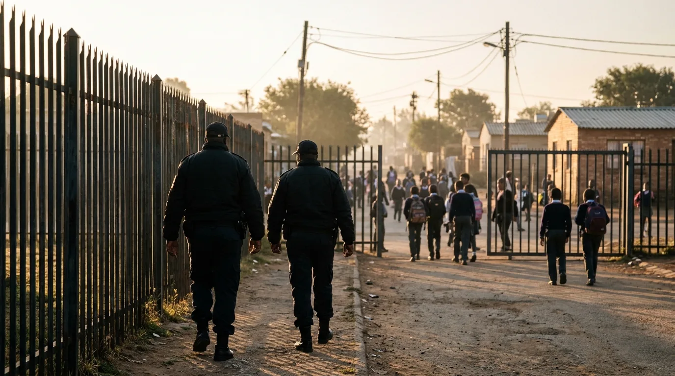 Two security officers patrolling a school fence as learners arrive